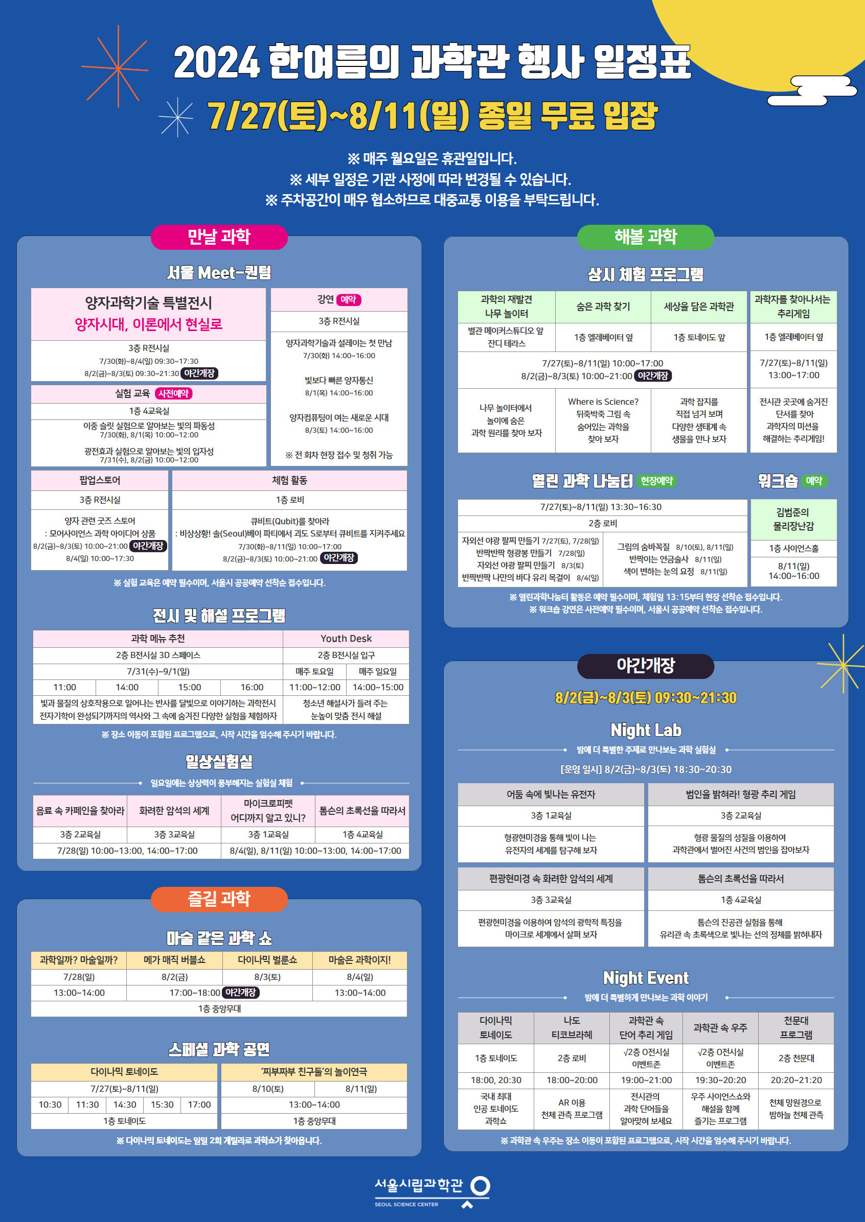 2024 한여름의 과학관 행사 일정표
7/27(토)~8/11(일) 종일 무료 입장
※매주 월요일은 휴관일입니다.
※ 세부 일정은 기관 사정에 따라 변경될 수 있습니다.
※ 주차공간이 매우 협소하므로 대중교통 이용을 부탁드립니다.
만날 과학. 서울 Meet-퀀텀
양자과학기술 특별전시 양자시대, 이론에서 현실로
3층 R전시실 7/30(화)~8/4(일) 09:30~17:30  8/2(금)~8/3(토) 09:30~21:30 야간개장
실험 교육 사전예약 1층 4교육실 이중슬릿 실험으로 알아보는 빛의 파동성 7/30(화), 8/1(목) 10:00~12:00 광전효과 실험으로 알아보는 빛의 입자성 7/31(수), 8/2(금) 10:00~12:00
강연 예약 3층 R전시실 양자과학기술과 설레이는 첫 만남 7/30 (1) 14:00~16:00
빛보다 빠른 양자통신 8/1() 14:00-16:00 양자컴퓨팅이 여는 새로운 시대 8/3(E) 14:00~16:00 ※전 회차 현장 접수 및 청취 가능
팝업스토어 3층 R전시실 양자관련 굿즈 스토어 :모어사이언스 과학 아이디어 상품 8/2(금)~8/3(토) 10:00~21:00 야간개장 8/4(일) 10:00-17:30
체험 활동1층 로비
큐비트(Qubit)를 찾아라 : 비상상황! 솔(Seoul)베이 파티에서 괴도 S로부터 큐비트를 지켜주세요 7/30(화)~8/11(일) 10:00~17:00, 8/2(금)~8/3(토) 10:00~21:00 야간개장
※ 실험 교육은 예약 필수이며, 서울시 공공예약 선착순 접수입니다.
전시 및 해설 프로그램
과학 메뉴 추천 2층 B전시실 3D 스페이스 7/31(수)~9/1(일)
11:00, 14:00, 15:00, 16:00 빛과 물질의 상호작용으로 일어나는 반사를 달빛으로 이야기하는 과학전시 전자기학이 완성되기까지의 역사와 그 속에 숨겨진 다양한 실험을 체험하자
Youth Desk 2층 B전시실 입구 매주 토요일 11:00~12:00, 매주 일요일 14:00~15:00. 청소년 해설사가 들려주는 눈높이 맞춤 전시 해설 ※ 장소이동이 포함된 프로그램으로, 시작 시간을 엄수해 주시기 바랍니다.
일상실험실 일요일에는 상상력이 풍부해지는 실험실 체험
음료 속 카페인을 찾아라 3층 2교육실
화려한 암석의 세계 3층 3교육실 7/28(일) 10:00-13:00, 14:00-17:00
마이크로피펫 어디까지 알고있니? 3층 1교육실
톰슨의 초록선을 따라서 1층 4교육실 8/4(2), 8/11(9) 10:00~13:00, 14:00~17:00
해볼과학. 상시 체험 프로그램
과학의 재발견 나무 놀이터 별관 메이커스튜디오 앞 잔디 테라스
숨은 과학 찾기 1층 엘레베이터 옆
세상을 담은 과학관 1층 토네이도 앞 7/27(토)~8/11(일) 10:00~17:00, 8/2(금)~8/3(토) 10:00~21:00 야간개장
나무 놀이터에서 놀이에 숨은 과학원리를 찾아보자
Where is Science? 뒤죽박죽 그림 속 숨어있는 과학을 찾아보자
과학잡지를 직접 넘겨보며 다양한 생태계 속 생물을 만나보자
과학자를 찾아나서는 추리게임 1층 엘레베이터 옆 7/27(토)~8/11(일) 13:00-17:00 전시관 곳곳에 숨겨진 단서를 찾아 과학자의 미션을 해결하는 추리게임!
열린 과학 나눔터 현장예약 7/27(토)~8/11(일) 13:30~16:30 2층 로비 자외선 야광팔찌 만들기 7/27(토), 7/28(일) 반짝반짝 형광봉 만들기 7/28(일) 자외선 야광팔찌 만들기 8/3(토), 반짝반짝 나만의 바다 유리 목걸이 8/4(일), 그림의 숨바꼭질 8/10(토), 8/11(일), 반짝이는 연금술사 8/11(일), 색이 변하는 눈의 요정 8/11(일).
김범준의 물리장난감 1층 사이언스홀 8/11(일) 14:00-16:00
※ 열린과학나눔터 활동은 예약 필수이며, 체험일 13:15부터 현장 선착순 접수입니다. ※ 워크숍 강연은 사전예약 필수이며, 서울시 공공예약 선착순 접수입니다.
즐길 과학. 마술 같은 과학 쇼 1층 중앙무대
과학일까? 마술일까? 7/28(일) 13:00-14:00
메가 매직버블쇼 8/2(금) 17:00~18:00 야간개장
다이나믹 벌룬쇼 8/3(토) 17:00~18:00 야간개장
마술은 과학이지! 8/4(일) 13:00-14:00
스페셜 과학 공연
다이나믹 토네이도 7/27(토)~8/11(일) 10:30, 11:30, 14:30, 15:30, 17:00. 1층 토네이도
'찌부짜부 친구들의 놀이연극8/10(토), 8/11(일) 13:00-14:00 1층 중앙무대 ※ 다이나믹 토네이도는 일일 2회 게릴라로 과학쇼가 찾아옵니다.
야간개장. 8/2(금)~8/3(토) 09:30~21:30 Night Lab 밤에 더 특별한 주제로 만나보는 과학 실험실. [운영 일시] 8/2(금)~8/3(토) 18:30~20:30 
어둠 속에 빛나는 유전자 3층 1교육실 형광현미경을 통해 빛이 나는 유전자의 세계를 탐구해보자
범인을 밝혀라! 형광 추리게임 3층 2교육실 형광물질의 성질을 이용하여 과학관에서 벌어진 사건의 범인을 잡아보자
편광현미경 속 화려한 암석의 세계 3층 3교육실 편광현미경을 이용하여 암석의 광학적 특징을 마이크로 세계에서 살펴보자
톰슨의 초록선을 따라서 1층 4교육실 톰슨의 진공관 실험을 통해 유리관 속초록색으로 빛나는 선의 정체를 밝혀내자
Night Event 밤에 더 특별하게 만나보는 과학 이야기
다이나믹 토네이도 1층 토네이도 18:00, 20:30 국내 최대 인공 토네이도 과학쇼
나도 티코브라헤 2층 로비 18:00-20:00 AR 이용 천체 관측 프로그램
과학관 속 단어 추리 게임 2층 0전시실 이벤트존 19:00-21:00 전시관의 과학 단어들을 알아맞혀보세요
과학관 속 우주 프로그램 2층 0전시실 이벤트존 19:30-20:20 우주 사이언스쇼와 해설을 함께 즐기는 프로그램
천문대 2층 천문대 20:20-21:20 천체 망원경으로 밤하늘 천체관측
※ 과학관 속 우주는 장소 아동이 포함된 프로그램으로, 시작 시간을 엄수해 주시기 바랍니다.